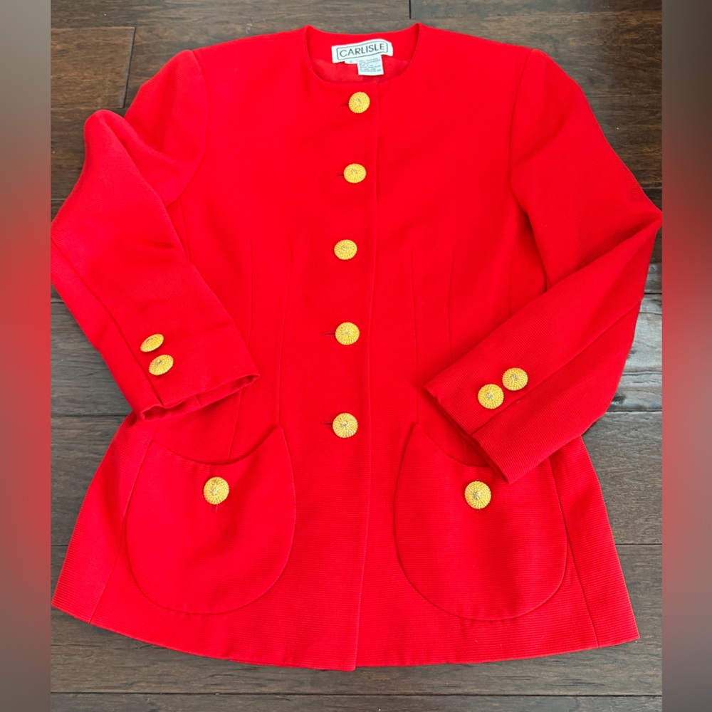 Vintage Wool Carlisle Red Gold Button Structured Blazer Mid-Length Jacket Size 6